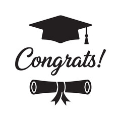 Congrats graduation cap and diploma silhouette. Vector illustration of mortarboard hat with tassel and certificate scroll. Academic achievement symbol with typography text for celebration design.

