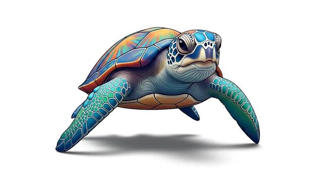 Colorful Sea Turtle Floating in the Air on White Background.