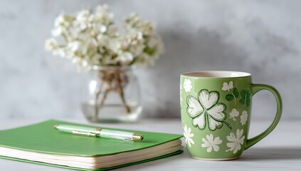 A serene still life featuring a clover mug flowers and a green journal