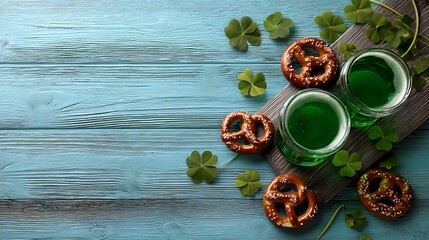 St patrick s day celebration with green drinks pretzels and clovers on wood