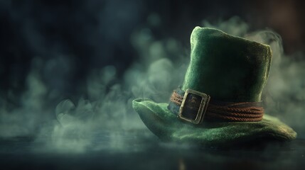A lone leprechaun s green hat sits amidst swirling smoke and mysterious fog