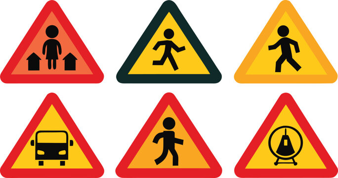 Road warning signs for pedestrians and vehicles traffic caution symbols