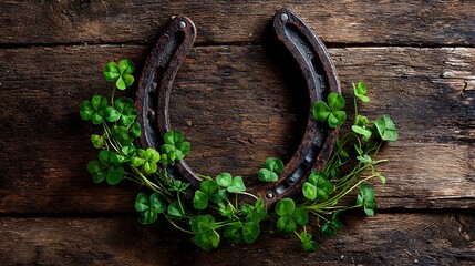 Rustic horseshoe and vibrant clover on aged wooden surface symbol of luck