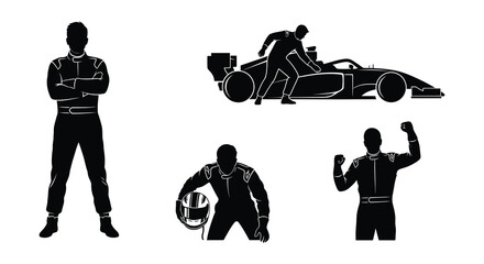 Silhouette depictions of race car drivers and a formula one vehicle © nurjahan