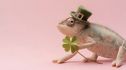 A charming chameleon wearing a leprechaun hat and holding a four leaf clover