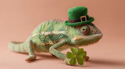 A veiled chameleon proudly sports a festive green hat and lucky clover