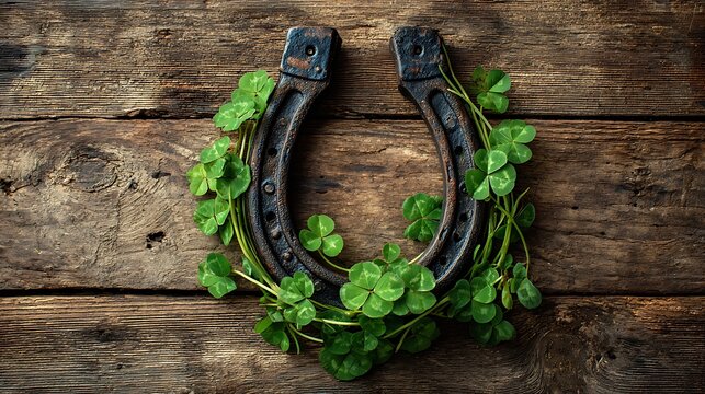 Rustic horseshoe adorned with vibrant green clover on weathered wood texture