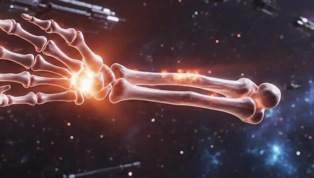Human arm bones igniting with glowing fire close up slow motion video footage