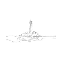 A simple line drawing depicts a lighthouse standing on a rocky island surrounded by water