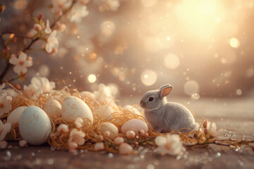 The concept of a bright Easter holiday in 2026. The concept of a bright Easter holiday. Delicate pink Easter eggs, a rabbit, and sakura branches on a wooden background.