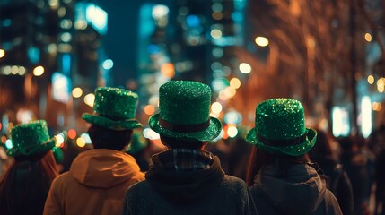 A crowd of people wearing green hats celebrating likely st patrick s day