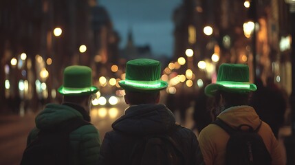 Three people wearing illuminated green hats walk down a city street at night