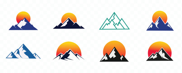 Set of mountain and sunrisesunset icons and logos various styles flat, outline, silhouette, gradient, and pixelated designs for adventure and nature themes