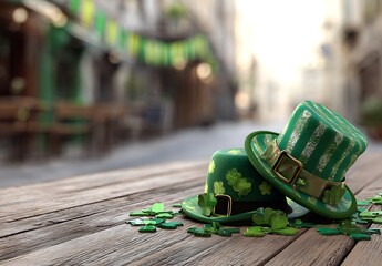St patrick s day celebration with leprechaun hats and clover on wooden surface