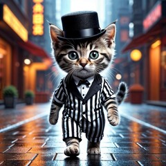 Stylish cat wearing a tuxedo and top hat walking in the city  