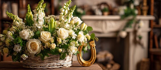 Elegant white flower arrangement in a wicker basket with a gold horseshoe