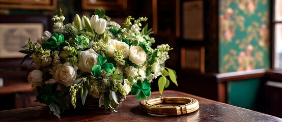 A lush floral arrangement in a vase sits on a wooden table indoors