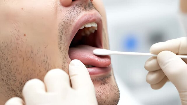 Close-up of a healthcare professional taking a buccal swab from a male patient's mouth to collect a saliva or DNA sample for medical testing