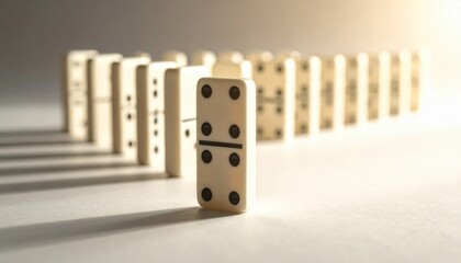 Single domino standing before a line of other dominoes