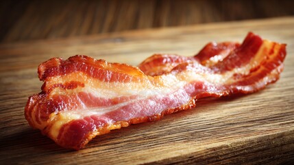 Obraz premium Bacon isolated on clean wooden surface, single strip hero shot, vast copy space