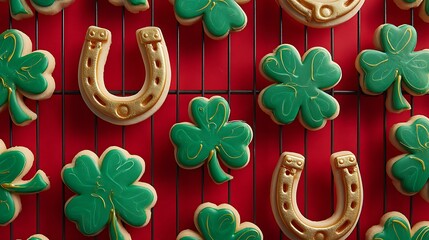 St patrick s day themed cookies on a red wire rack shamrocks and horseshoes