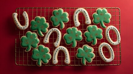 St patrick s day themed cookies on a cooling rack red background