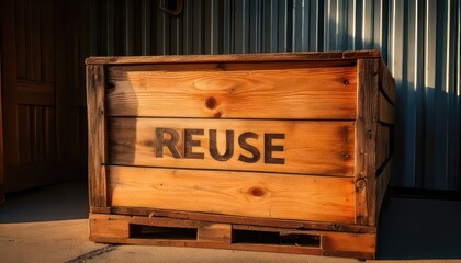 Wooden crate labeled REUSE in a garage corner with natural light