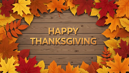 Autumn leaves frame a wooden background with a happy thanksgiving message
