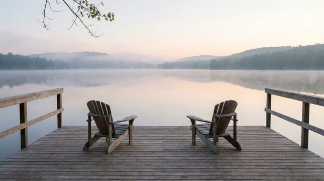 Two adirondack chairs inviting peaceful relaxation on a wooden dock, facing a still lake enveloped in morning mist with hazy hills in the background, symbolizing tranquility and escape