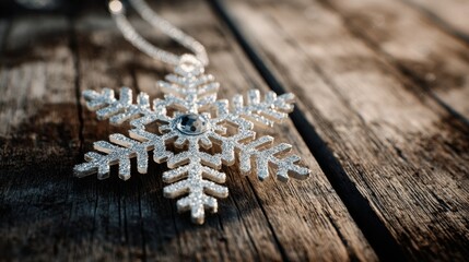 Sparkling Silver Snowflake Necklace on Rustic Wooden Surface for Winter Holiday Decoration