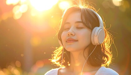 Young woman listening to music outdoors in sunlight