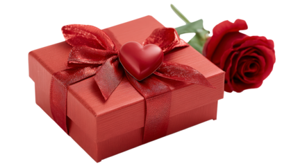 Alluring red gift box adorned with satin ribbon and heart embellishment complemented by romantic rose a symbol of love perfect for special occasions