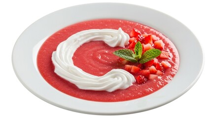 Delicious Strawberry Soup with Whipped Cream and Mint Garnish.