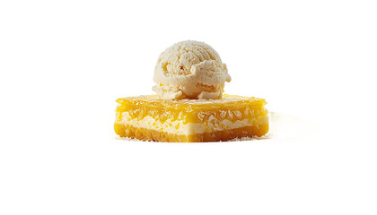 A delicious slice of cheesecake with a scoop of ice cream on top against a black background