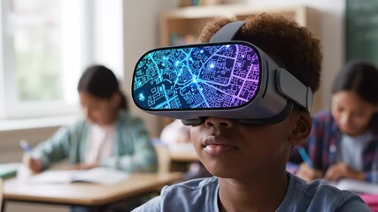 A young boy is engrossed in a virtual reality experience wearing a VR headset in a classroom. - Powered by Adobe