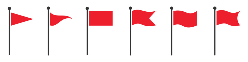Red flag symbol vector icon. 6 Different style red flag. Alert sign Flag Icon set. Vector illustration.