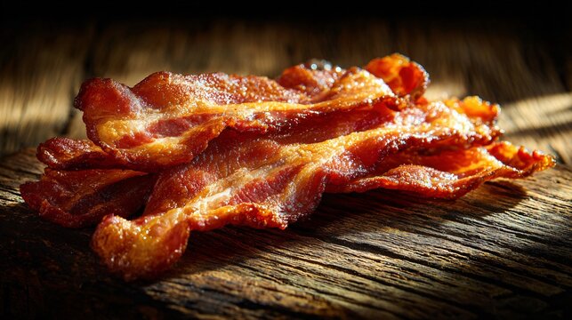 Bacon photographed under harsh side light, strong shadows on textured wood, dramatic minimalism