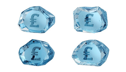 Four blue gemstones with a pound symbol on each one, arranged on a black background, representing luxury and wealth.