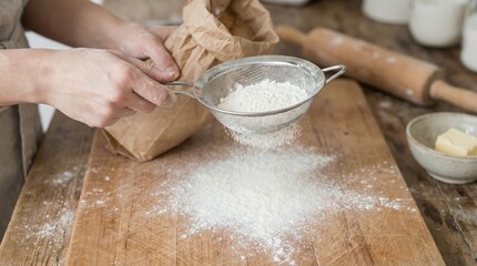 Hands pouring flour from a paper bag through a sieve onto a rustic wooden board, preparing ingredients for baking homemade bread or pastry on a kitchen counter