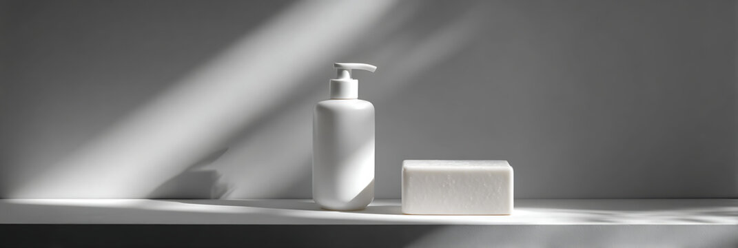 Minimal white cosmetic bottle and bar soap on shelf with dramatic sunlight, clean skincare branding mockup in neutral bathroom interior