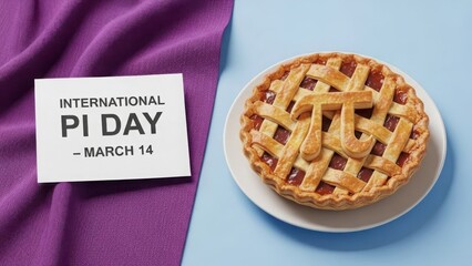 A delicious pie on a plate next to a purple cloth and a note about international pi day on march 14