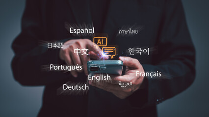 Businessman using smartphone with artificial intelligence for global communication and multilingual translation