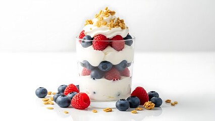 A delicious breakfast bowl of fresh fruit and berries including strawberries, raspberries, and blueberries served with yogurt and sweet chocolate chip cookies for a healthy summer dessert