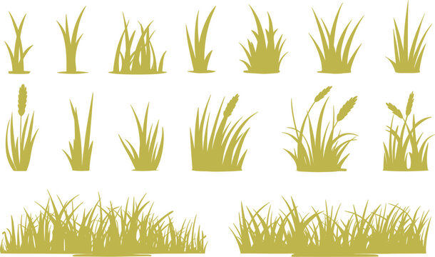 Set of green grass silhouette vector icons, meadow plants elements, field lawn tufts for landscape design