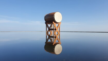 Symmetrical view of a bedug drum on a high stand reflected on a calm water surface under a clear blue sky.