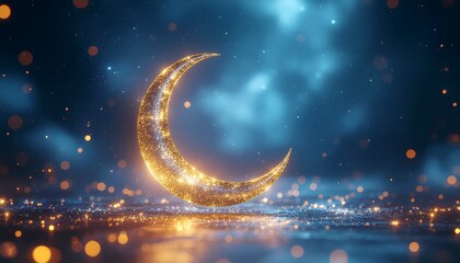 Abstract Ramadan background with glowing crescent moon and floating golden particles