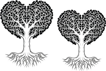 Two heart-shaped trees with detailed roots, a symbolic black and white illustration of nature and love