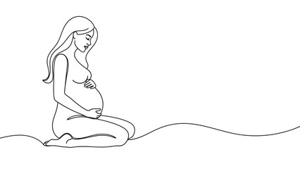A serene pregnant woman in a continuous line art drawing, cradling her baby bump with tenderness