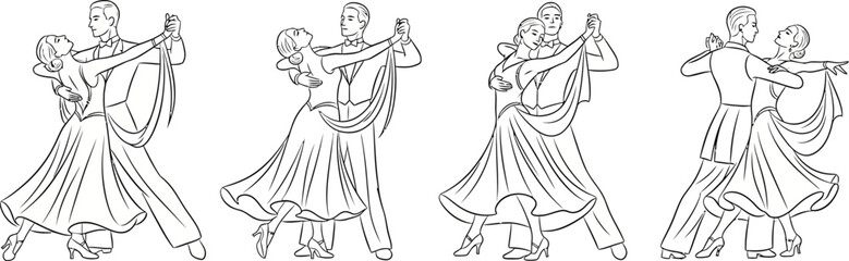 Elegant ballroom dance couples in classic poses, illustrating the beauty of formal dancing