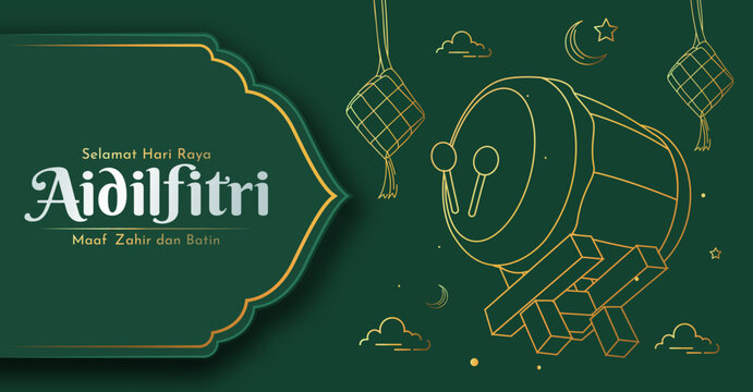 Eid ul Fitr Greeting Banner with Bedug Drum Line Art, Ketupat Ornaments and Islamic Green Theme Vector Illustration.  Selamat Hari Raya Aidilfitri Translation : Eid uL Fitr